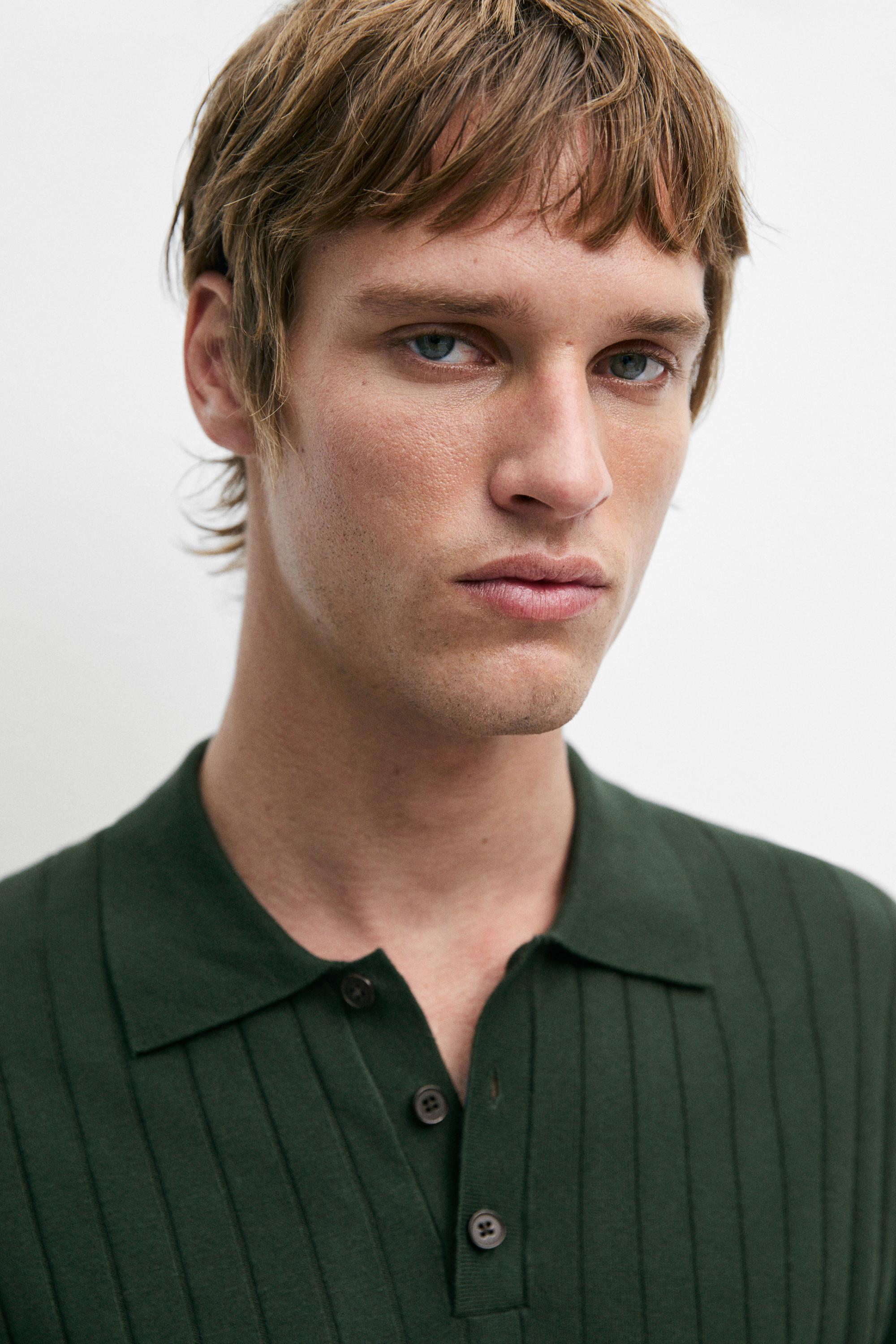 Ribbed knit cotton blend polo shirt